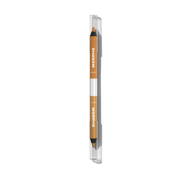 {Heads Or Tails (Dandelion Yellow/Shimmer Gold)} Morphe Bi Liner Dual Ended Gel Liners in golden tan, labeled MORPHE, HEADS, TAILS, with black tips, in clear case.