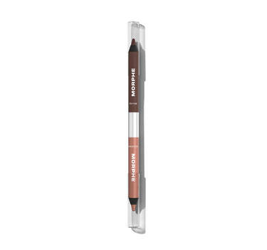 {Rhyme Or Reason (Light Brown/Shimmer Rose Gold)} Morphe Bi Liner Dual Ended Gel Liners in clear packaging, labeled MORPHE, RHYME and REASON, with brown and shimmer rose gold ends with black tips.