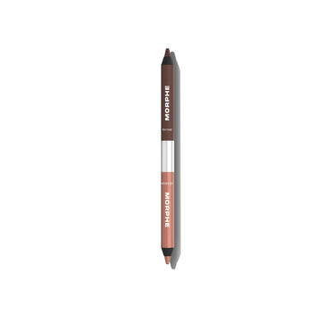 {Rhyme Or Reason (Light Brown/Shimmer Rose Gold)} Morphe Bi Liner Dual Ended Gel Liners pencil with dark brown RHYME end and shimmer rose gold REASON end, separated by silver ferrule, labeled MORPHE on both barrels. | Bi-Liner Dual-Ended Gel Liners