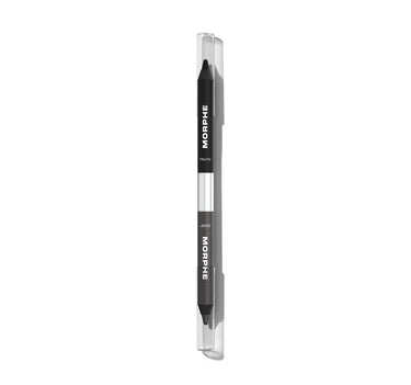 {Truth Or Dare (Black/Shimmer Charcoal)} Morphe Bi Liner Dual Ended Gel Liners closed in clear cap, black barrel labeled MORPHE and TRUTH, charcoal end labeled DARE and MORPHE.