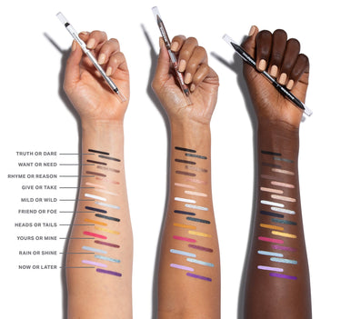 Bi Liner Dual-Ended Gel Liners arm swatches on three skin tones showing shades Truth or Dare, Want or Need, Rhyme or Reason, Give or Take, Mild or Wild, Friend or Foe, Heads or Tails, Yours or Mine, Rain or Shine, and Now or Later.