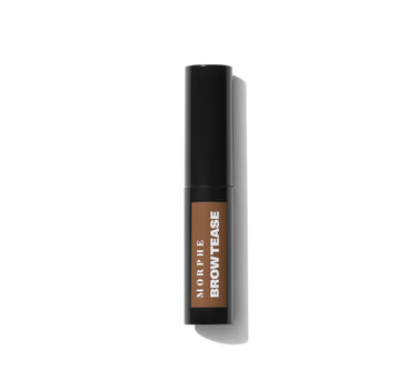 {Almond} Morphe Brow Tease Fiber Infused Volumizing Mousse tube with black cap and warm brown label reading MORPHE BROW TEASE in white text.