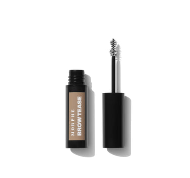 {Biscotti} Morphe Brow Tease Fiber Infused Volumizing Mousse in black tube with tan label reading MORPHE BROW TEASE, shown open with spoolie wand.