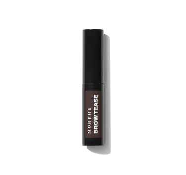 {Chocolate Mousse} Morphe Brow Tease Fiber Infused Volumizing Mousse closed black tube with dark brown label reading MORPHE BROW TEASE on white background.