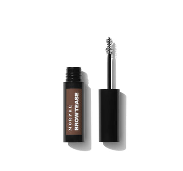 {Cold Brew} Morphe Brow Tease Fiber Infused Volumizing Mousse in Cold Brew, black tube with tan label reading MORPHE BROWTEASE, shown open with fiber bristle wand applicator.