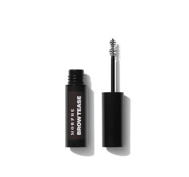 {Java} Morphe Brow Tease Fiber Infused Volumizing Mousse in Java — open dark brown tube labeled MORPHE BROWTEASE beside spoolie wand applicator on white.