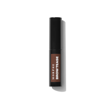{Mocha} Closed black tube of Morphe Brow Tease Fiber Infused Volumizing Mousse with mocha-brown label reading MORPHE BROW TEASE on white background.