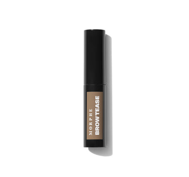 {Praline} Morphe Brow Tease Fiber Infused Volumizing Mousse black tube with tan label reading MORPHE BROW TEASE on white background.