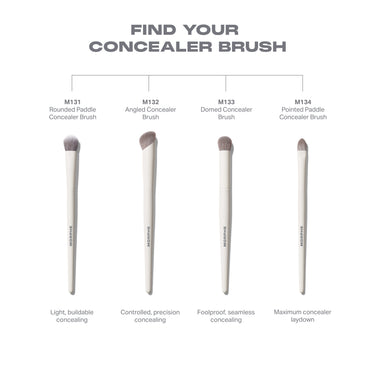 "FIND YOUR CONCEALER BRUSH" infographic comparing four Morphe concealer brushes — M131 Rounded Paddle Concealer Brush (Light, buildable concealing), M132 Angled Concealer Brush (Controlled, precision concealing), M133 Domed Concealer Brush (Foolproof, seamless concealing), and M134 Pointed Paddle Concealer Brush (Maximum concealer laydown), all with cream handles labeled MORPHE.