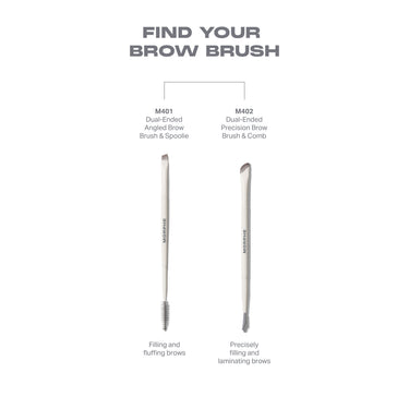 M402 Dual-Ended Precision Brow Brush & Comb shown in the MORPHE brush family lineup, cream handle for precisely filling and laminating brows.