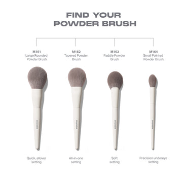 M161 Large Rounded Powder Brush in M161-M164 family lineup with cream handles, gray bristles. Embedded text: "FIND YOUR POWDER BRUSH M161 Large Rounded Powder Brush, M162 Tapered Powder Brush, M163 Paddle Powder Brush, M164 Small Pointed Powder Brush. Quick, allover setting. All-in-one setting. Soft setting. Precision undereye setting. MORPHE"