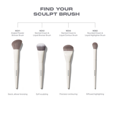 "FIND YOUR SCULPT BRUSH" infographic comparing four Morphe sculpt brushes: M241 Angled Powder Bronzer Brush (Quick, allover bronzing), M242 Slanted Cream & Liquid Bronzer Brush (Soft sculpting), M243 Slanted Cream & Liquid Contour Brush (Precision contouring), and M282 Rounded Cream & Liquid Highlighter Brush (Diffused highlighting).