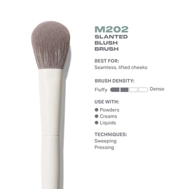 M202 Slanted Blush Brush features card. Embedded text: "M202 SLANTED BLUSH BRUSH BEST FOR: Seamless, lifted cheeks BRUSH DENSITY: Fluffy/Dense USE WITH: Powders, Creams, Liquids TECHNIQUES: Sweeping, Pressing"