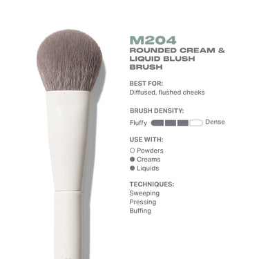 M204 Rounded Cream & Liquid Blush Brush infographic: Best For: Diffused, flushed cheeks — Brush Density: Fluffy to Dense — Use With: Creams, Liquids — Techniques: Sweeping, Pressing, Buffing. | M204 Rounded Cream & Liquid Blush Brush | Secondary image
