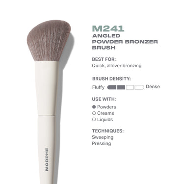 Morphe M241 Angled Powder Bronzer Brush infographic showing cream handle with MORPHE wordmark; Best For: Quick, allover bronzing; Brush Density: Fluffy to Dense scale; Use With: Powders; Techniques: Sweeping, Pressing. | M241 Angled Powder Bronzer Brush | Secondary image