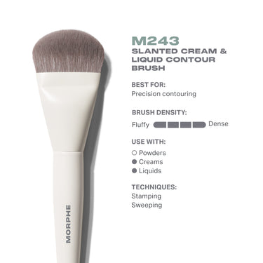 M243 Slanted Cream & Liquid Contour Brush infographic: Best For: Precision contouring | Brush Density: Fluffy to Dense | Use With: Powders, Creams, Liquids | Techniques: Stamping, Sweeping; MORPHE handle. | M243 Slanted Cream & Liquid Contour Brush | Secondary image