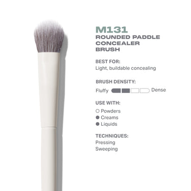 M131 Rounded Paddle Concealer Brush features: BEST FOR light, buildable concealing; fluffy density; USE WITH creams and liquids; techniques pressing and sweeping.