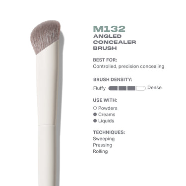M132 Angled Concealer Brush infographic: BEST FOR: Controlled, precision concealing — BRUSH DENSITY: Fluffy to Dense — USE WITH: Powders, Creams, Liquids — TECHNIQUES: Sweeping, Pressing, Rolling.