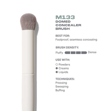 M133 Domed Concealer Brush infographic — Best For: Foolproof, seamless concealing; Brush Density: Fluffy to Dense; Use With: Creams, Liquids; Techniques: Pressing, Sweeping, Buffing.