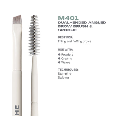 M401 Dual-Ended Angled Brow Brush & Spoolie features infographic: cream MORPHE handle with angled tapered brush and spiral spoolie for brows.