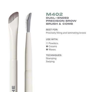 M402 Dual-Ended Precision Brow Brush & Comb features infographic: cream MORPHE handle with angled bristles for filling brows and comb for grooming.