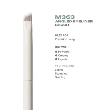 M363 Angled Eyeliner Brush features infographic: cream MORPHE handle with angled bristles for precision lining using powders, creams, and liquids.