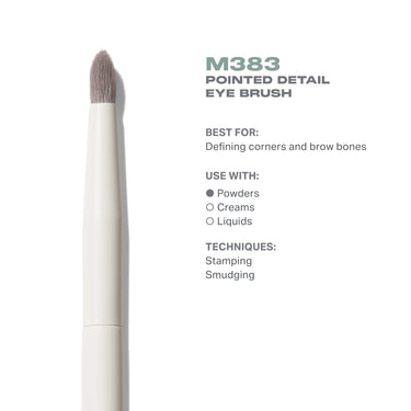 M383 Pointed Detail Eye Brush features: cream MORPHE handle, best for defining corners and brow bones, use with powders, stamping and smudging.