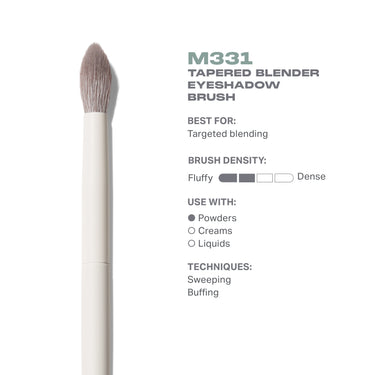 M331 Tapered Blender Eyeshadow Brush features infographic: ultra-soft tapered bristles, precision crease blending, vegan synthetic fibers.