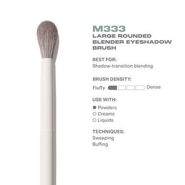M333 Large Rounded Blender Eyeshadow Brush features: cream MORPHE handle, best for shadow-transition blending, fluffy density, use with powders.