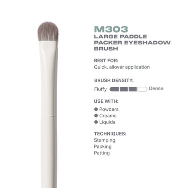 M303 Large Paddle Packer Eyeshadow Brush features infographic: wide flat paddle, densely packed bristles, bold color deposit.