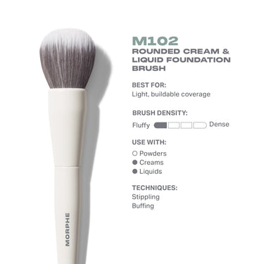 M102 Rounded Cream & Liquid Foundation Brush. Best for: Light, buildable coverage. Density: Fluffy. Use with creams, liquids. Stippling, buffing. | M102 Rounded Cream & Liquid Foundation Brush | Secondary image
