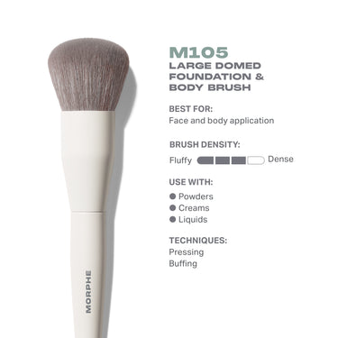 Morphe M105 Large Domed Foundation & Body Brush infographic: Best For: Face and body application; Brush Density: Fluffy to Dense; Use With: Powders, Creams, Liquids; Techniques: Pressing, Buffing. | M105 Large Domed Foundation & Body Brush | Secondary image