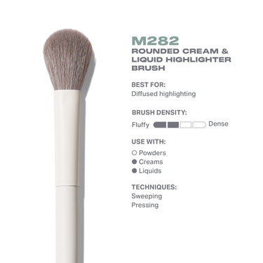 M282 Rounded Cream & Liquid Highlighter Brush infographic: Best For: Diffused highlighting; Brush Density: Fluffy to Dense; Use With: Powders, Creams, Liquids; Techniques: Sweeping, Pressing.