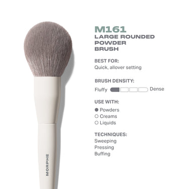 M161 Large Rounded Powder Brush features card. Embedded text: "M161 LARGE ROUNDED POWDER BRUSH BEST FOR: Quick, allover setting BRUSH DENSITY: Fluffy/Dense USE WITH: Powders TECHNIQUES: Sweeping, Pressing, Buffing"