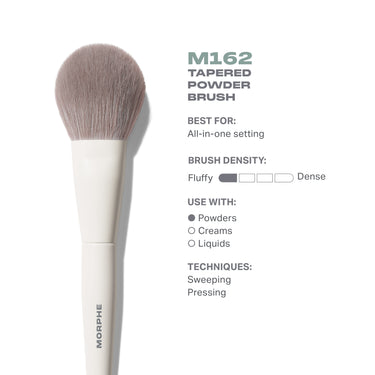 M162 Tapered Powder Brush features card. Embedded text: "M162 TAPERED POWDER BRUSH BEST FOR: All-in-one setting BRUSH DENSITY: Fluffy/Dense USE WITH: Powders TECHNIQUES: Sweeping, Pressing MORPHE"