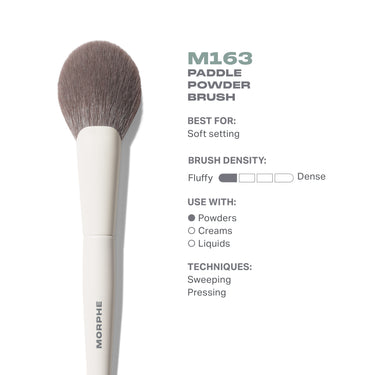 Morphe M163 Paddle Powder Brush infographic: Best For: Soft setting; Brush Density: Fluffy to Dense scale; Use With: Powders, Creams, Liquids; Techniques: Sweeping, Pressing.