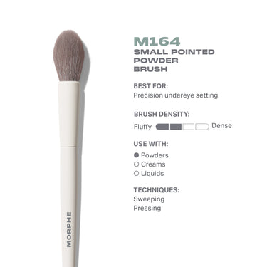 M164 Small Pointed Powder Brush. Best for: Precision undereye setting. Density: Fluffy. Use with powders. Sweeping, pressing.