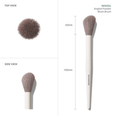 Morphe M201 Angled Powder Blush Brush infographic showing Top View and Side View with measurements: 43mm bristle width, 193mm total length, white handle with taupe bristles.