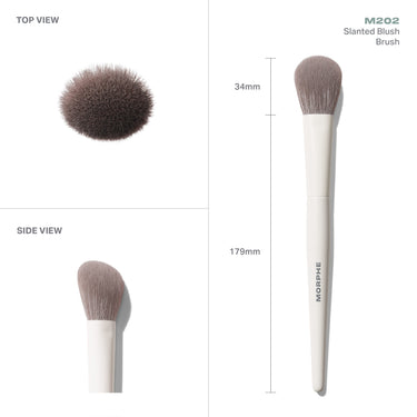 M202 Slanted Blush Brush technical views with dimensions. Embedded text: "TOP VIEW SIDE VIEW M202 Slanted Blush Brush 34mm 179mm MORPHE"