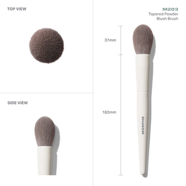 M203 Tapered Powder Blush Brush infographic showing TOP VIEW, SIDE VIEW, and full-length view with cream handle, gray bristles, 37mm head, 182mm total length, and MORPHE handle imprint.
