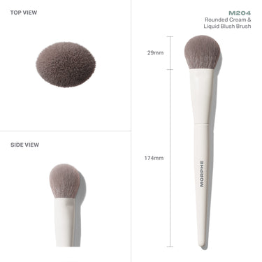 Morphe M204 Rounded Cream & Liquid Blush Brush infographic showing TOP VIEW, SIDE VIEW, and full-length view with measurements 29mm head width and 174mm total length.