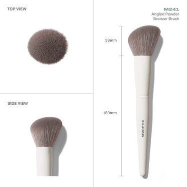 M241 Angled Powder Bronzer Brush infographic showing TOP VIEW and SIDE VIEW with white handle, taupe bristles, MORPHE mark, 39mm head width, 189mm total length.