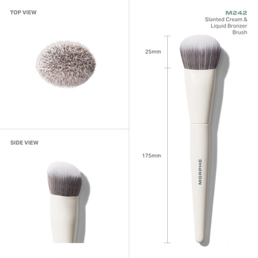 M242 Slanted Cream & Liquid Bronzer Brush infographic showing TOP VIEW and SIDE VIEW with measurements: 25mm bristle depth, 175mm total length, cream handle with MORPHE branding.