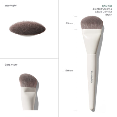 M243 Slanted Cream & Liquid Contour Brush infographic showing TOP VIEW, SIDE VIEW, and full brush with MORPHE handle; bristle width 25mm, total length 170mm.
