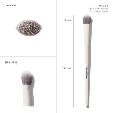 M131 Rounded Paddle Concealer Brush from Morphe shown in top and side views with measurements: 19mm head, 169mm length.