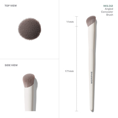 M132 Angled Concealer Brush infographic showing TOP VIEW, SIDE VIEW, and full brush with MORPHE handle; 11mm head width, 171mm total length.