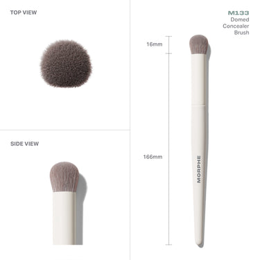 M133 Domed Concealer Brush infographic showing TOP VIEW, SIDE VIEW, and full-length profile on MORPHE handle with 16mm head and 166mm length callouts.