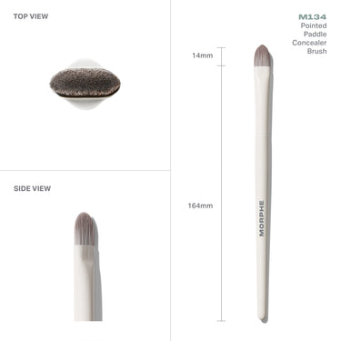 M134 Pointed Paddle Concealer Brush technical views with dimensions. Embedded text: "TOP VIEW SIDE VIEW M134 Pointed Paddle Concealer Brush 14mm 164mm MORPHE"