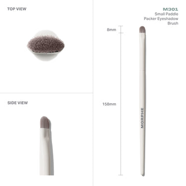 M301 Small Paddle Packer Eyeshadow Brush measurements with TOP VIEW and SIDE VIEW: 8mm small paddle tip and 158mm total length.