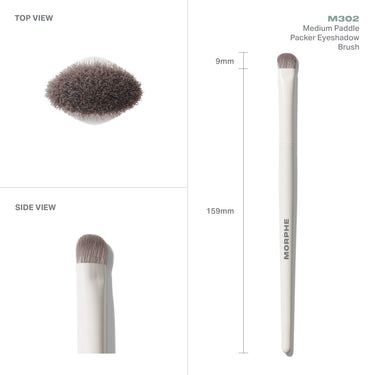 M302 Medium Paddle Packer Eyeshadow Brush measurements: 9mm paddle width and 159mm total brush length.
